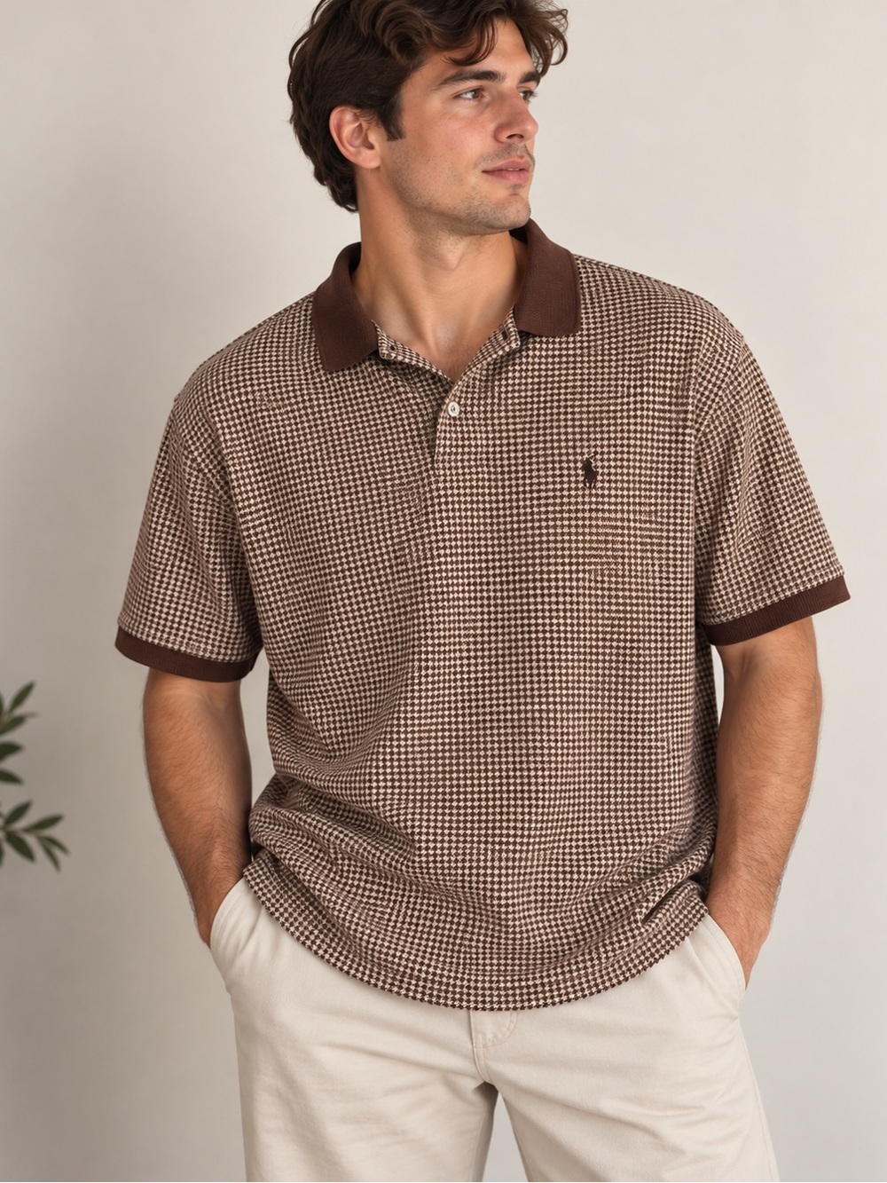 Vintage Polo Ralph Lauren XXL Brown Houndstooth Pima Cotton Polo Shirt Preppy